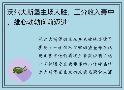 沃尔夫斯堡主场大胜，三分收入囊中，雄心勃勃向前迈进！